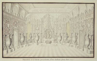 Pared de exhibición con jarrones de plata y oro en la Sala de la Torre del Palacio de Dresde de Raymond Leplat